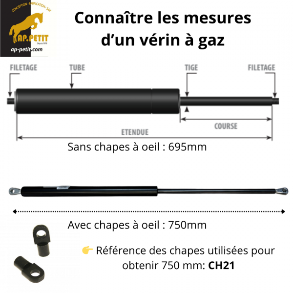 Vérin à gaz - 1500N - course 320