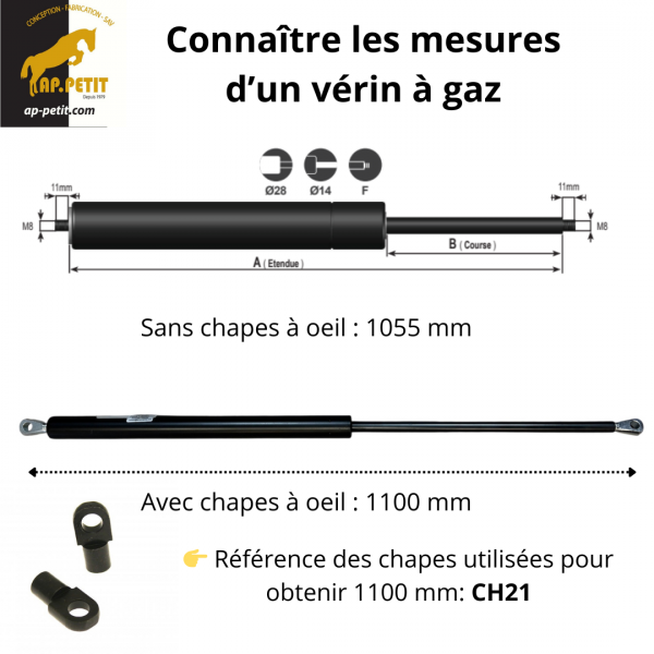 Vérin à gaz - 1450N - entraxe 1100mm